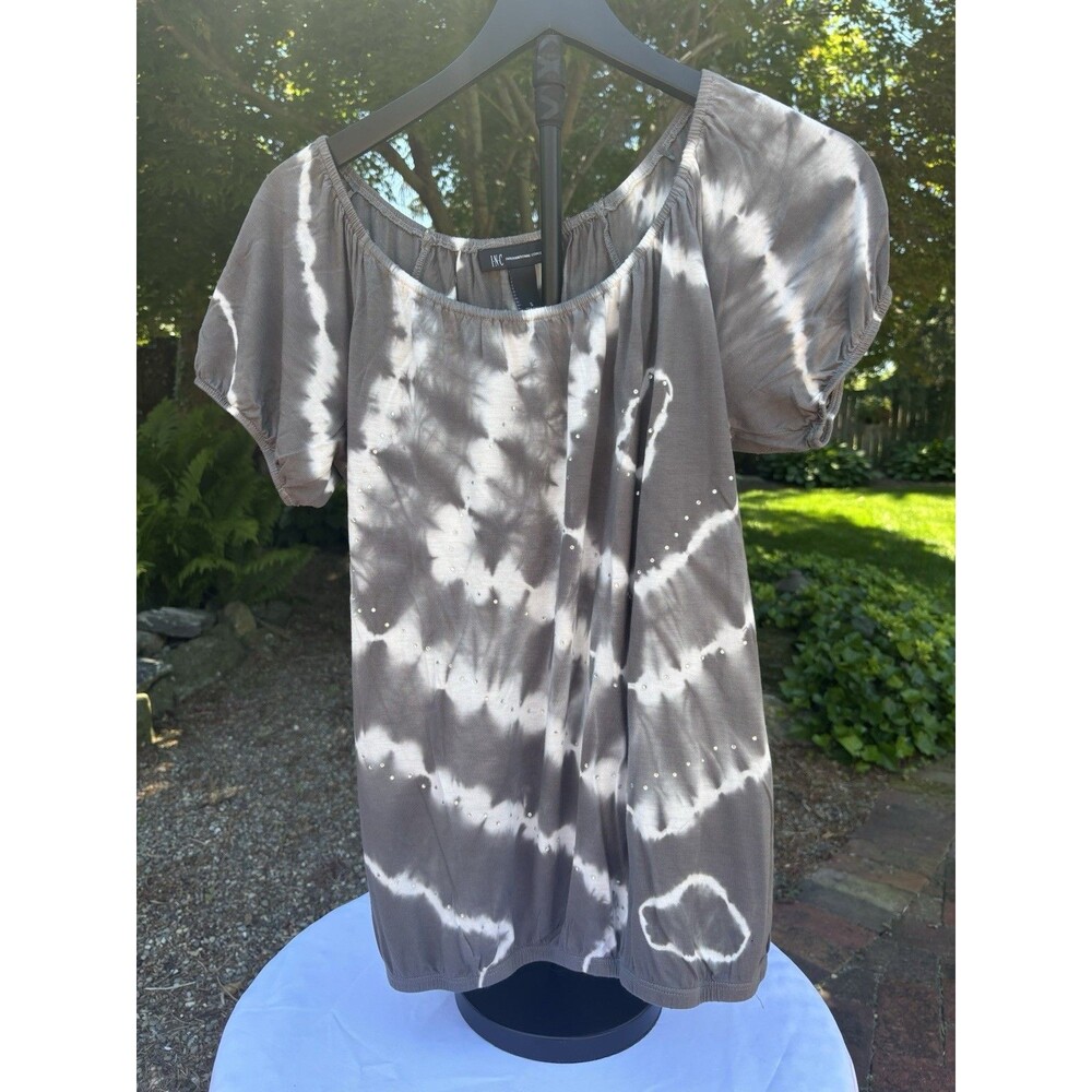 INC Grey/White Tye Dyed 100% Rayon Elastic Bejeweled Short Slv Women’s S Top
